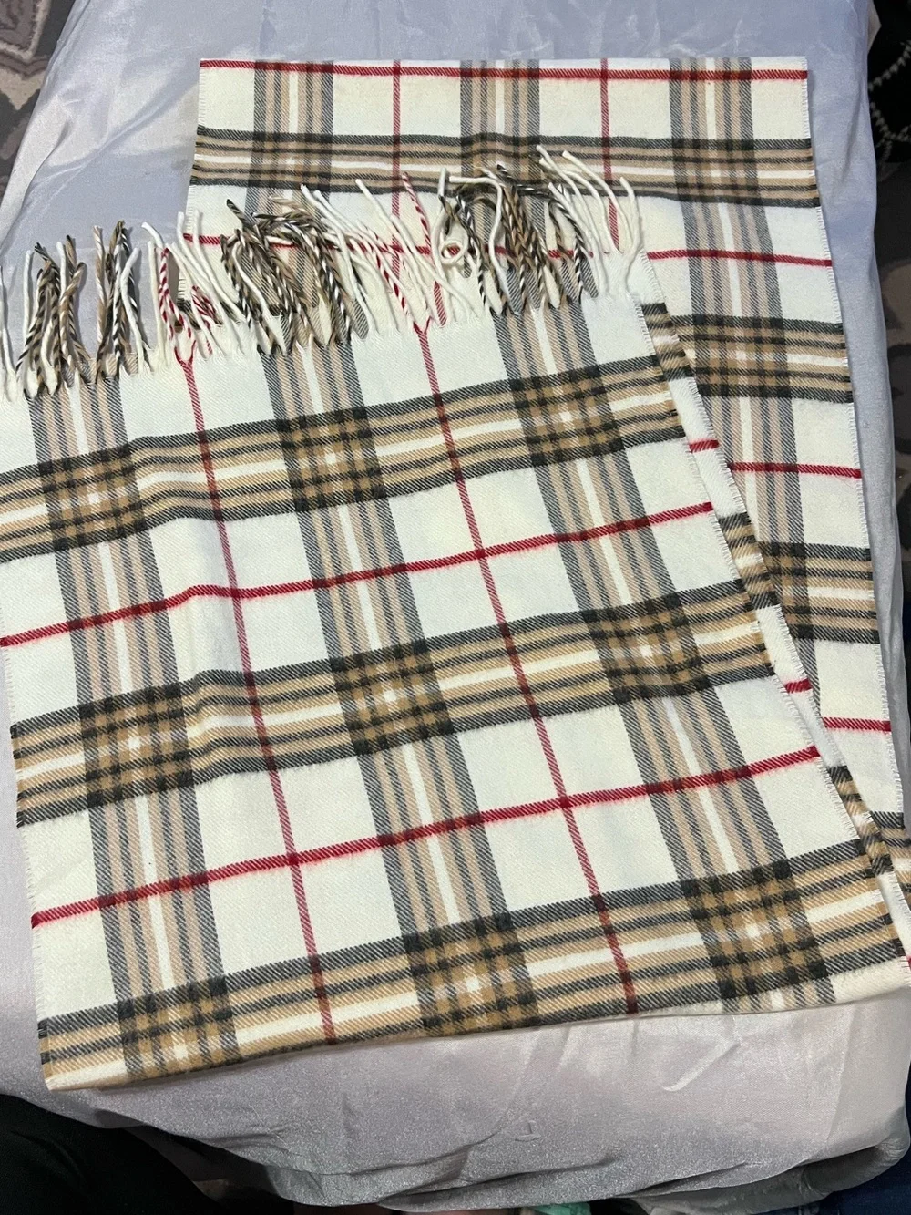 NWT V Fraas Plaid Fringe Scarf Cream Tan Black Red 70” Germany